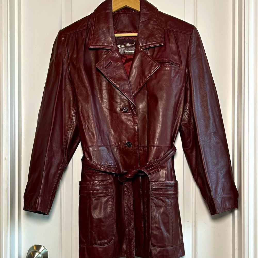 Etienne Aigner Vintage 70s Genuine Leather Oxblood Belted Mid Length Trench Coat